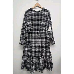 NEW Terra & Sky Womens Size 1X Tiered Peasant Dress Plaid Smocked Black White